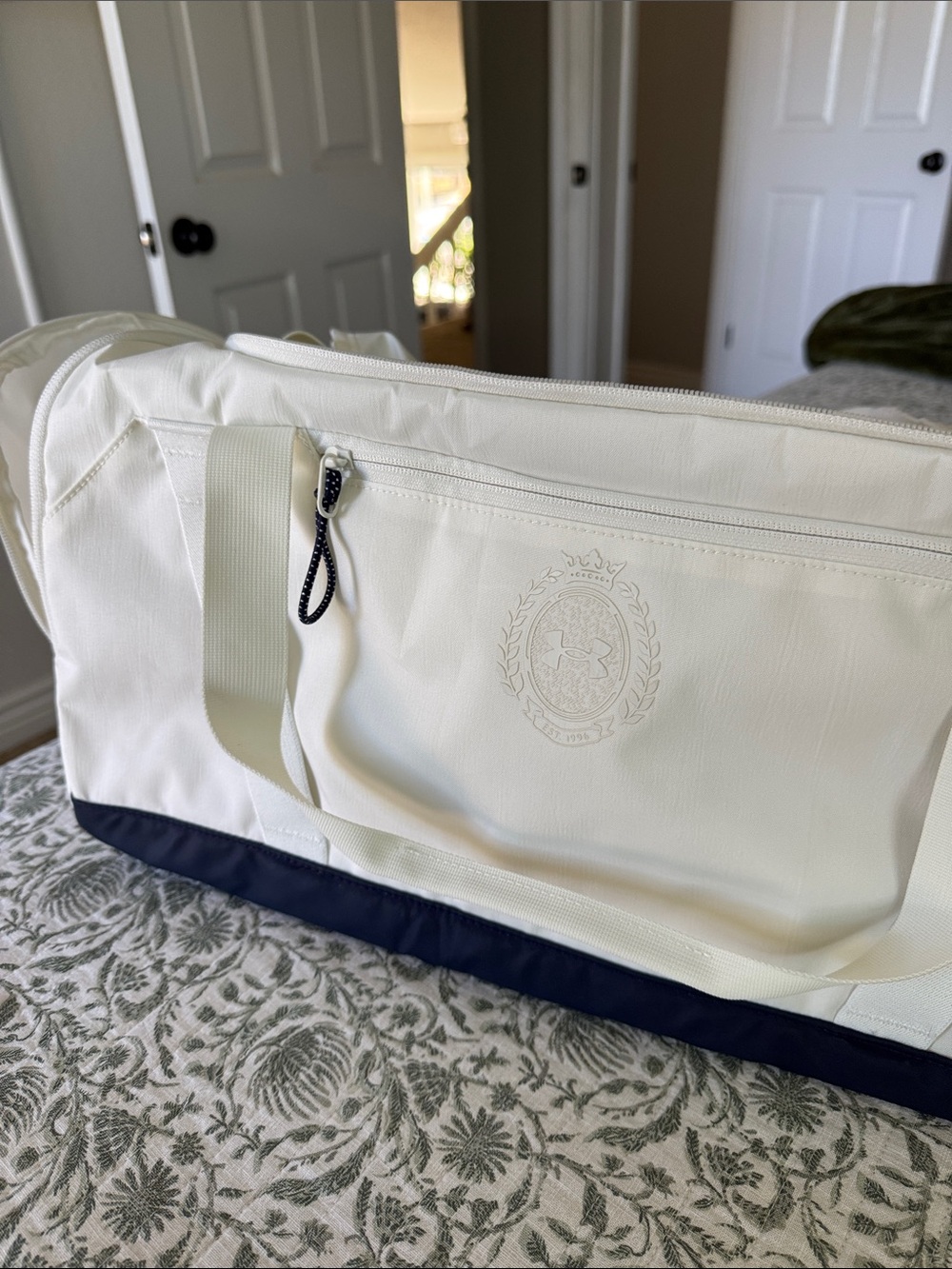 NWOT Under Armour White Duffel Bag with Navy Base